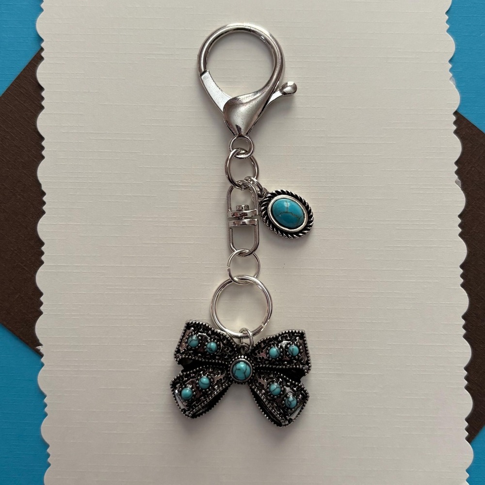 Silver Turquoise Bow Keychain Purse Charm Western Cowgirl Boho Bag Accessory‎